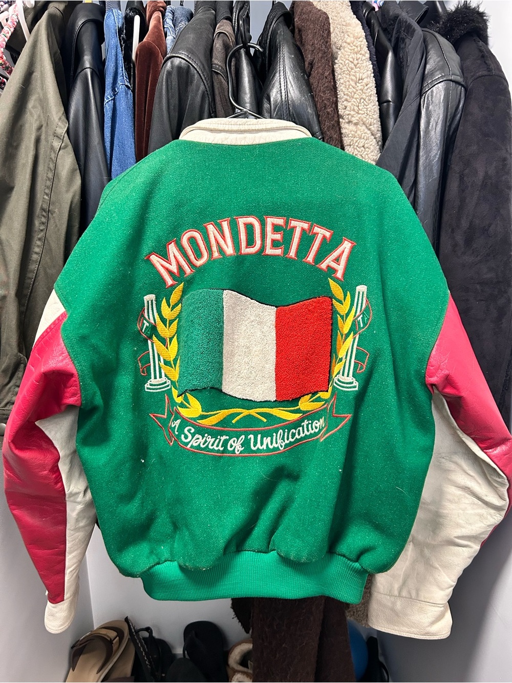 Mondetta Green, Pink & White Wool-Blend Varsity Jacket